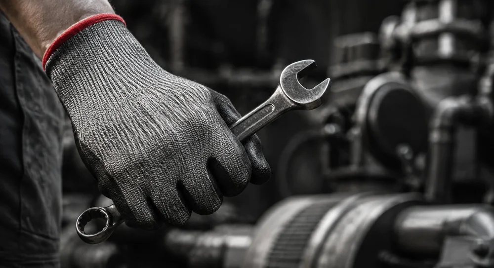 Protected hands working with industrial equipment
