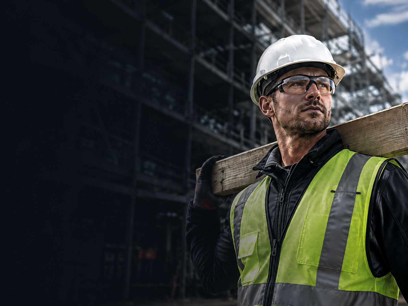 Construction professional wearing eye and head protection